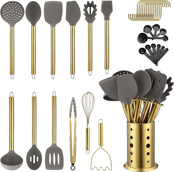 Gold Kitchen Utensils Set, Kyraton 38 Pieces Non-Stick Silicone Cooking Utensils Set, Spoon Spatula Set with Sturdy Stainless Steel Utensil Holder, Dishwasher Safe