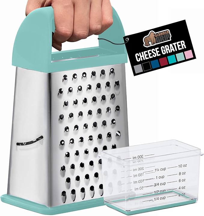 GORILLA GRIP 4-Sided 100% BPA-Free Cheese Grater With Container, Stainless Steel XL Box Graters, Parmesan Shredder, Grate Cheeses, Shred Veggies, Slip Resistant Handle, Dishwasher Safe Zester, Mint