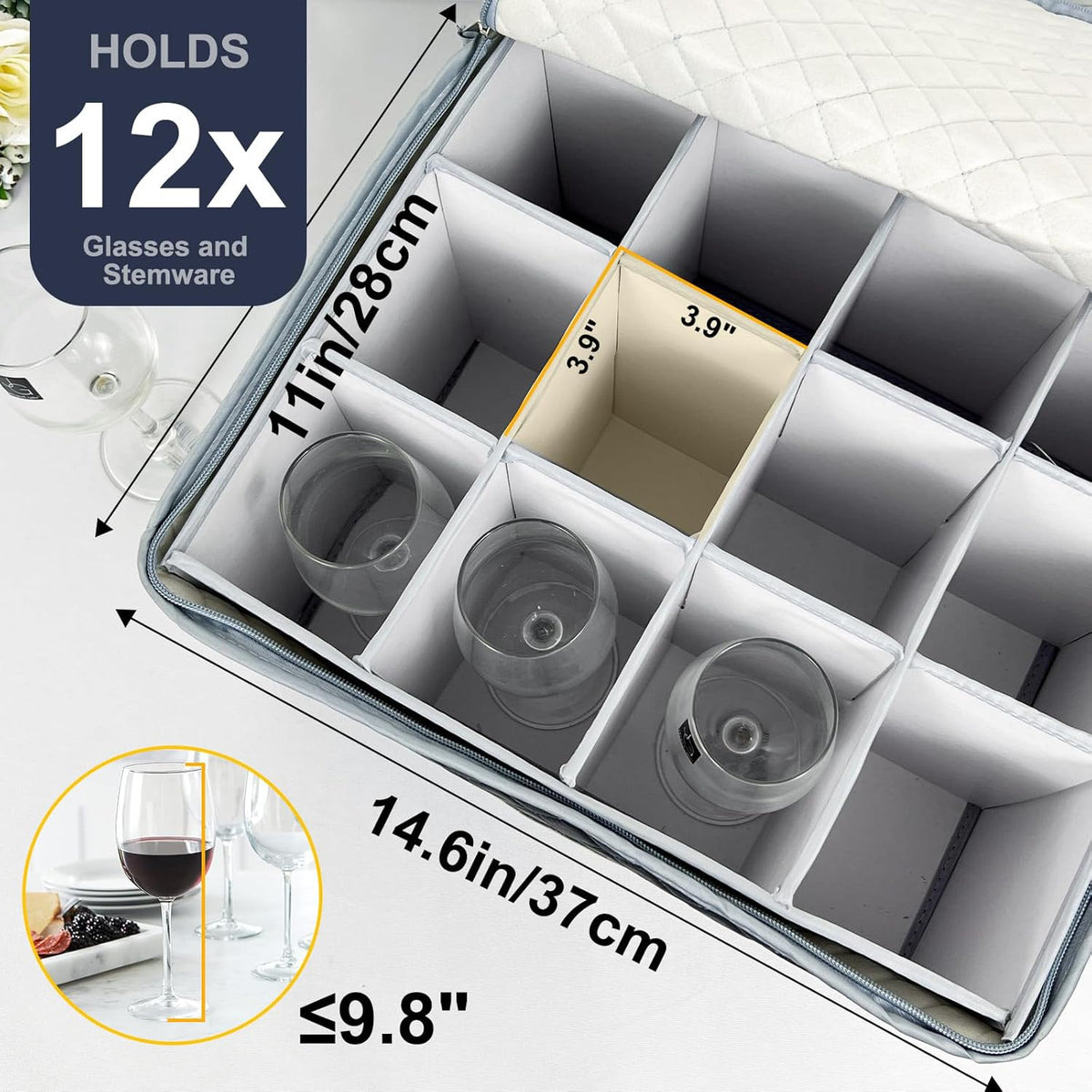 Wine Glass and Mug Storage Box with Dividers - 2 Pack China Storage Containers Set Holds 24 Glassware , Stemware，Coffee Mug and Tea Cup, Organizer Bin with Sturdy Metal Zipper,Label and Handles (Grey)