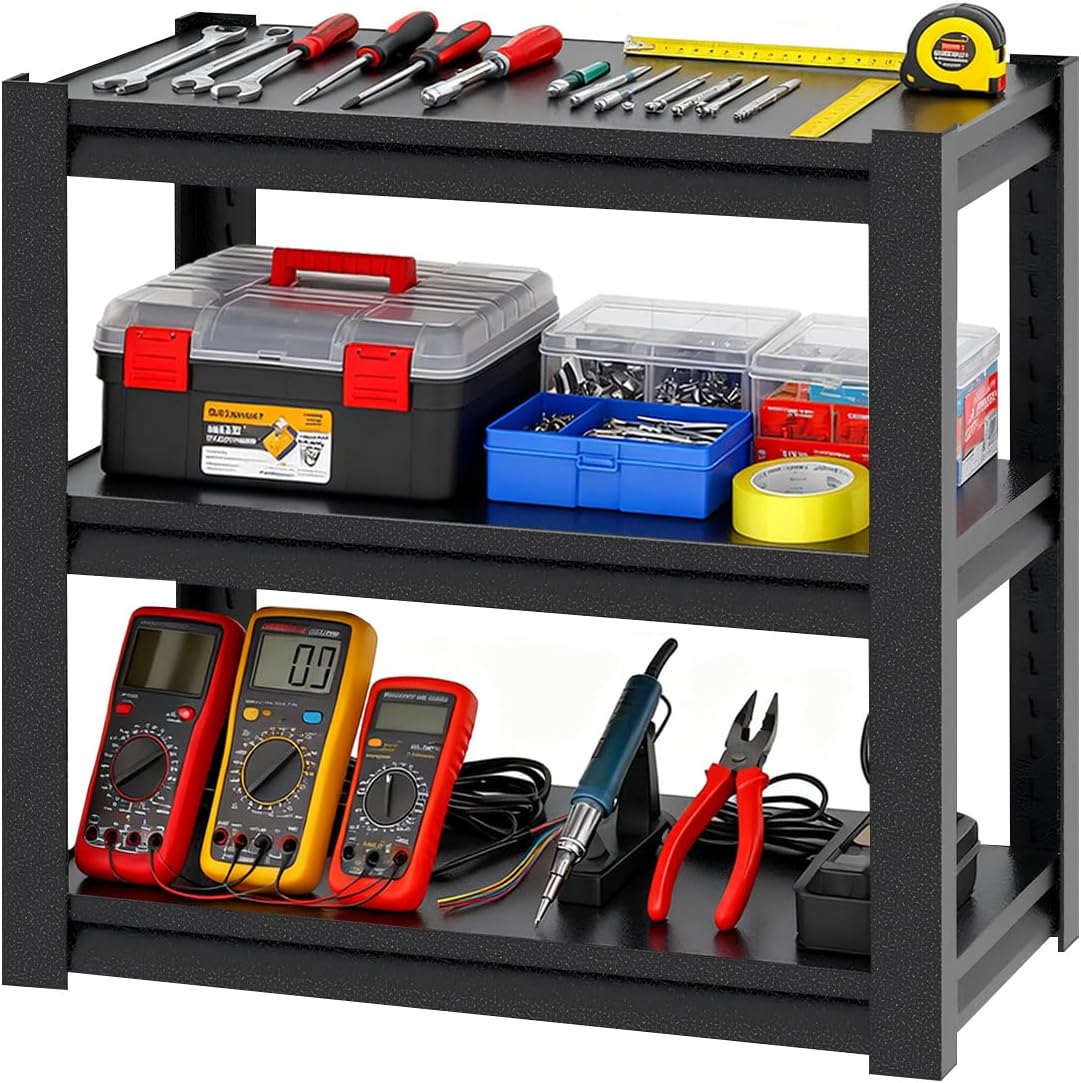 3-Shelf Metal Storage Shelves, 660 lbs Garage Shelving Unit, Heavy Duty Storage Rack, Adjustable Industrial Shelving, 34" W x 18" D x 31.5" H for Kitchen Pantry Basement, Black