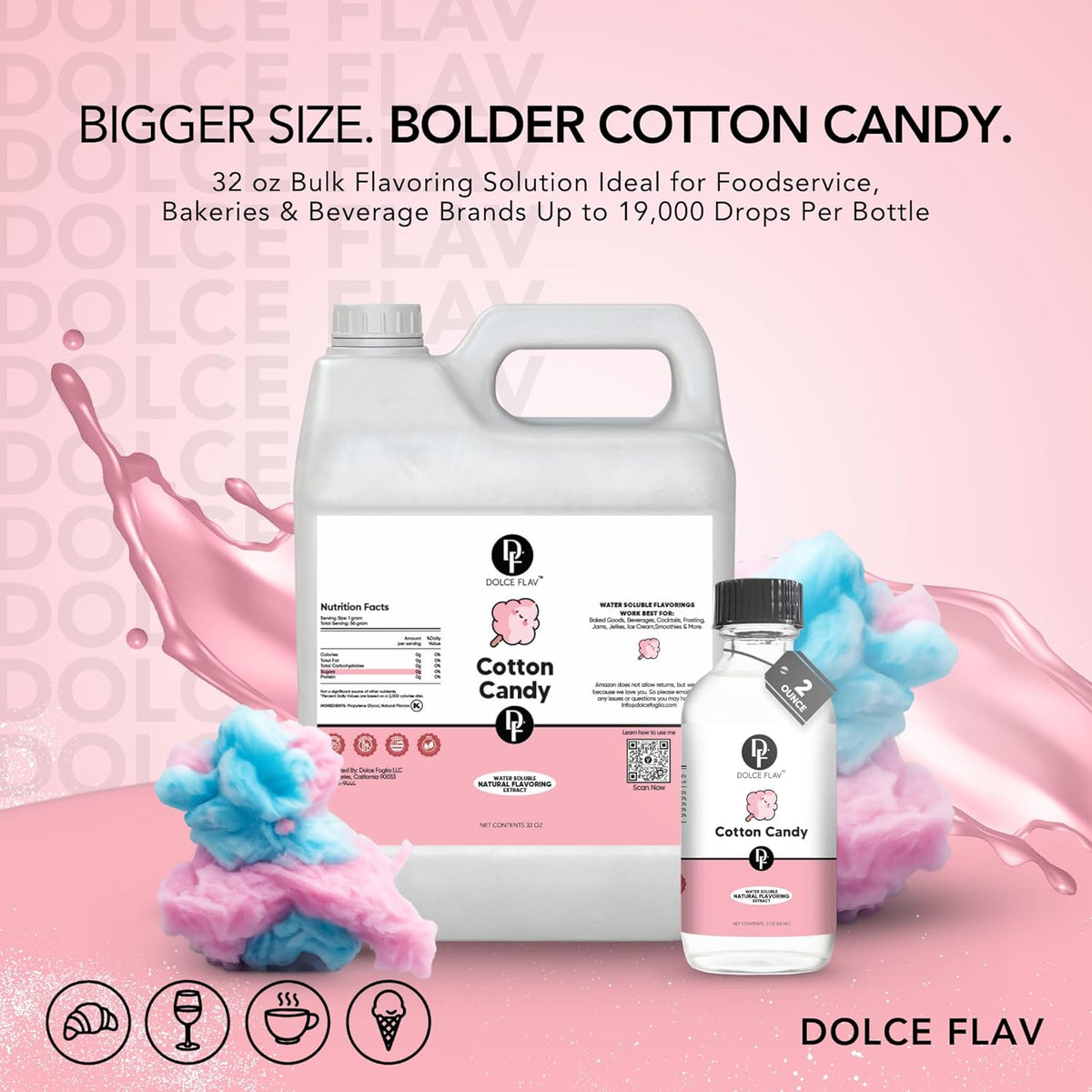 Dolce Flav Cotton Candy Flavoring – 32 oz. – Premium Water-Based Extract for Ice Cream, Boba, Desserts, Beverages & Baked Goods | Great for Cafés, Bakeries & Restaurants