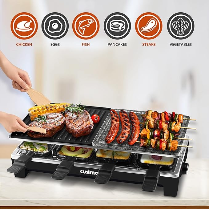 Raclette Table Grill, CUSIMAX Indoor Grill Electric Grill, Portable Korean BBQ Grill with 2 in 1 Reversible Non-stick Plate & Natural Grill Stone, 8 Raclette Pans 8 Wooden Spatulas for Family Fun