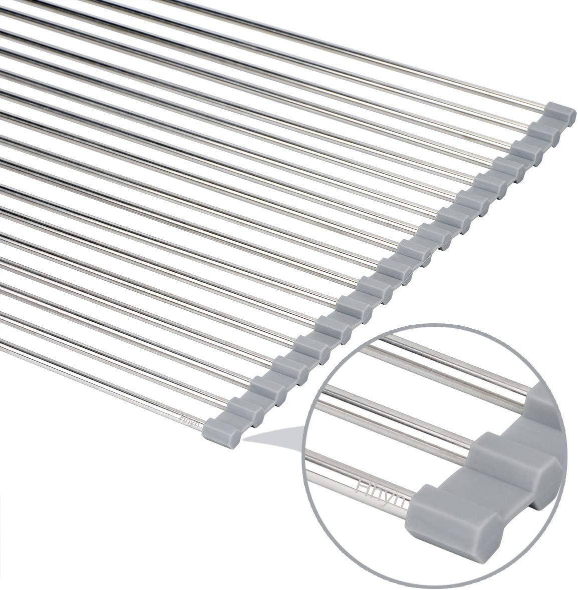 Roll Up Dish Drying Rack 20.5"(L) x 13.8"(W) - Stainless Steel and Silicone Dish Drying Mat Over The Sink Foldable Drain Rack Multipurpose Dish Drainer Extra Large, Gray