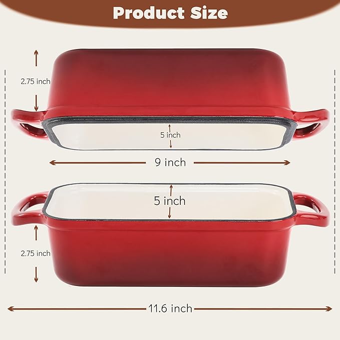 Cast Iron Bread Loaf Pan with Lid, 2 In 1 Loaf Pans for Baking Bread 9x5, Enameled Bread Pans for Homemade Bread, Sourdough, Even Heating Bread Dutch Oven, Red