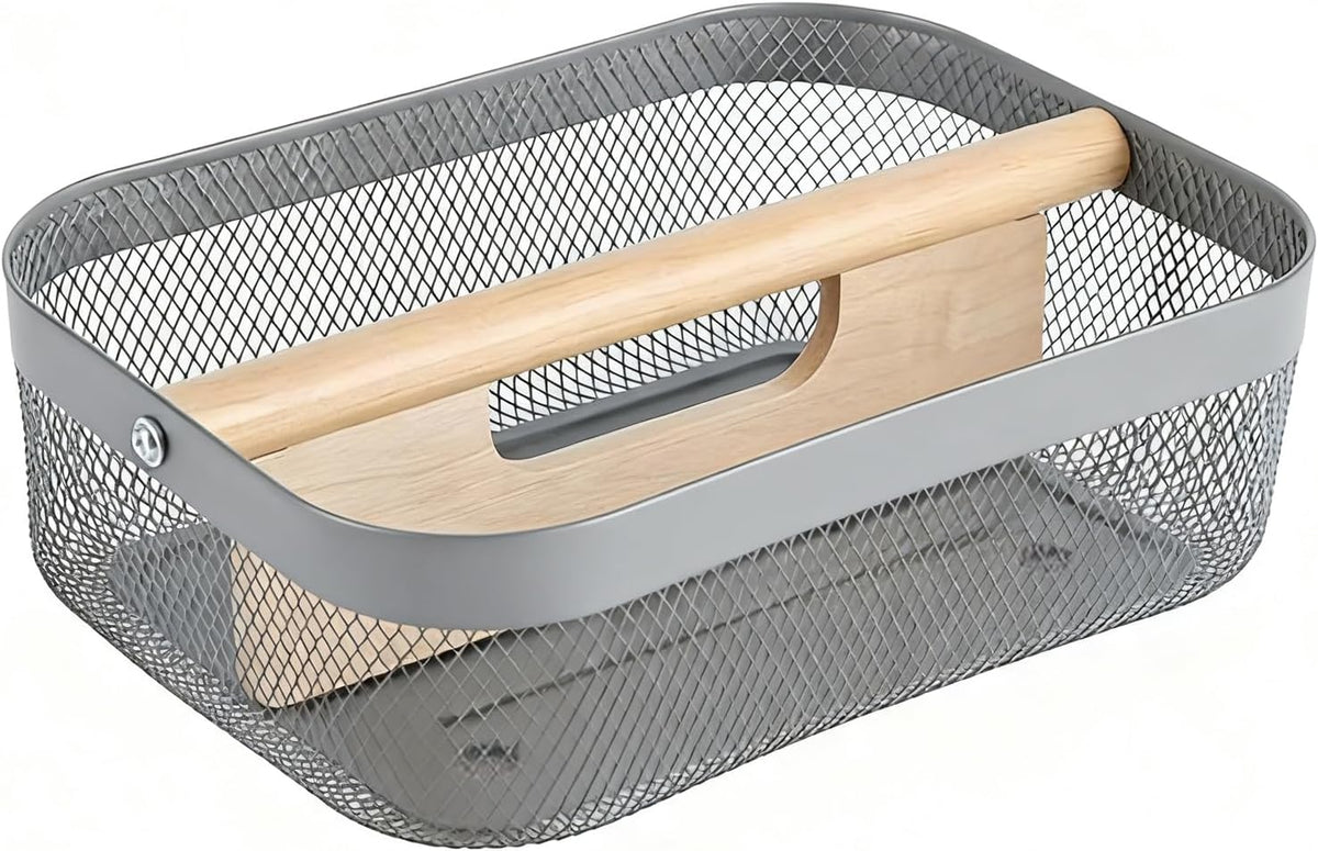 Metal Mesh Steel Storage Basket, Garden Harvest Wire Organizer Basket Multi-functional Kitchen Fruit Basket with Wooden Removable Partition & Handle for Bathroom Picnic Decor Cabinet, Grey