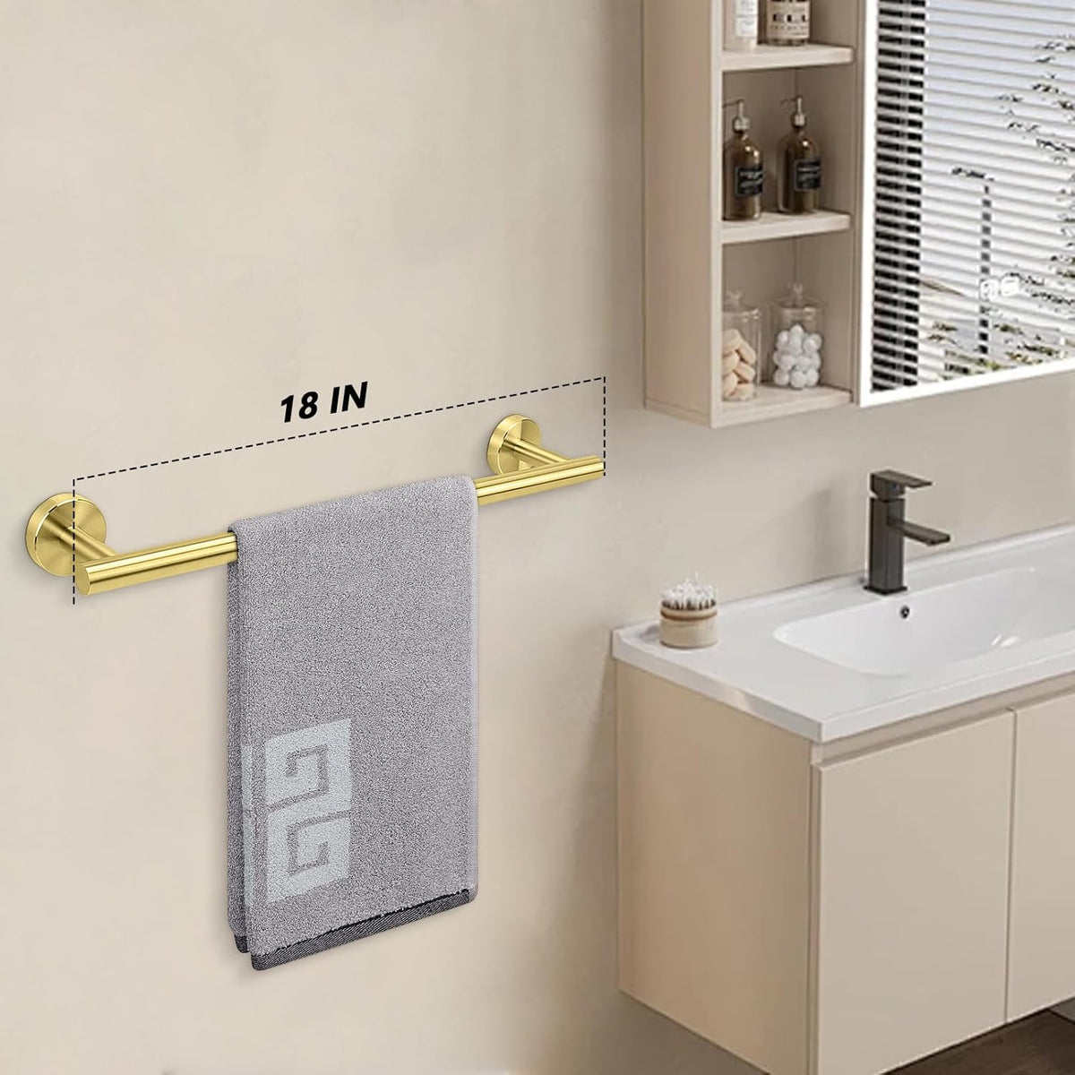 NearMoon Bath Towel Bar, Bath Accessories Thicken Stainless Steel Shower Towel Rack for Bathroom, Towel Holder Wall Mounted (1 Pack, Brushed Gold, 18 Inch)
