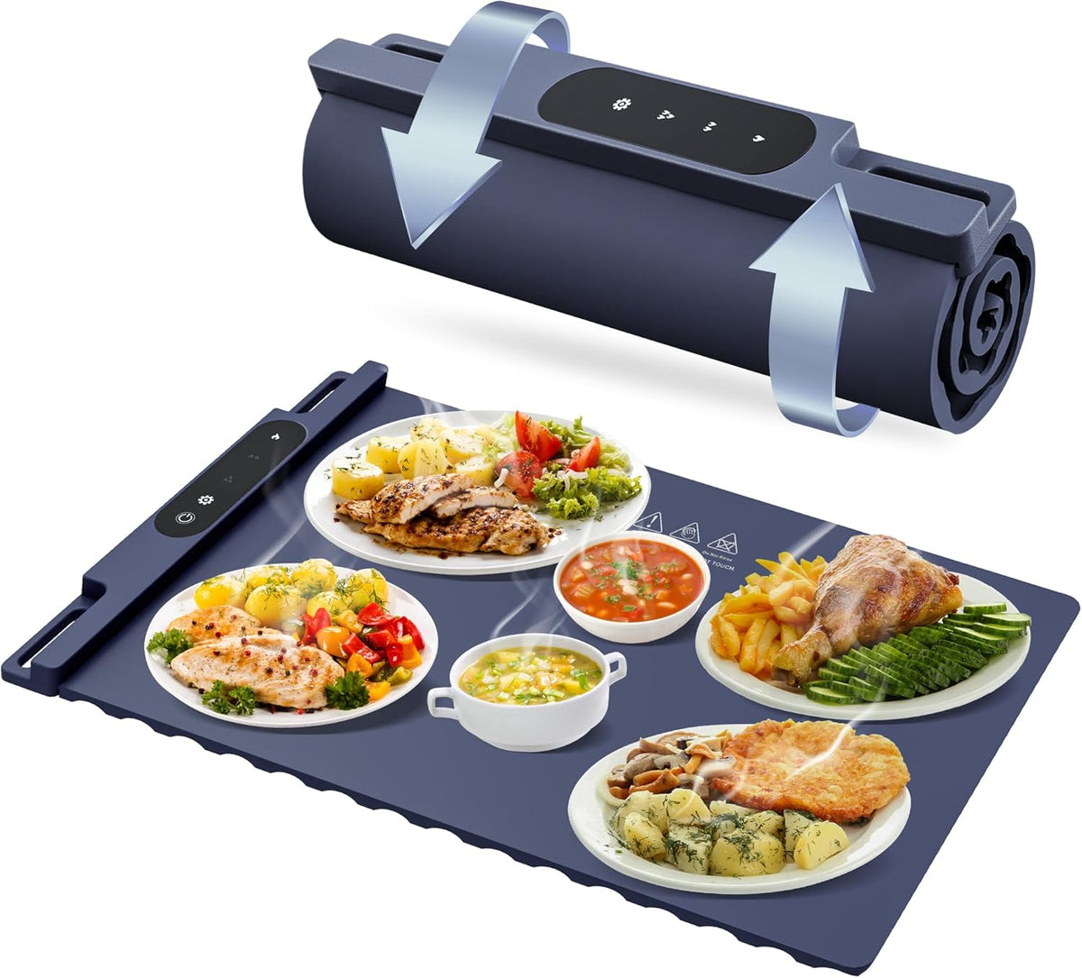 OMEO Food Warming Mat - Electric Warming Tray with 3 Temperature Settings and 1-4 Hours Timer, Full Surface Graphene Food Warmer, Premium Rollable Silicone Heating Mat Food, Gatherings, Parties(Grey)