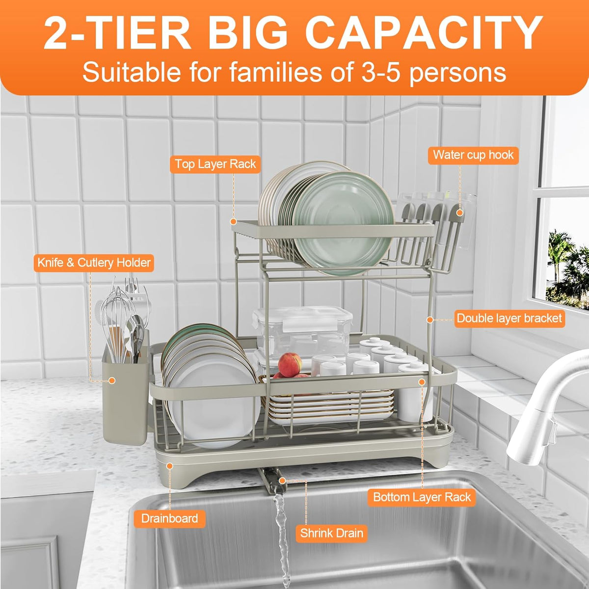 Dish Drying Rack for Kitchen Counter,Two-Tier Dish Rack with Utensil Holder, Auto-Draining Dish Racks, Large Capacity Dish Drainer Organizer for Plates, Bowls, Cups with Drainboard Grey