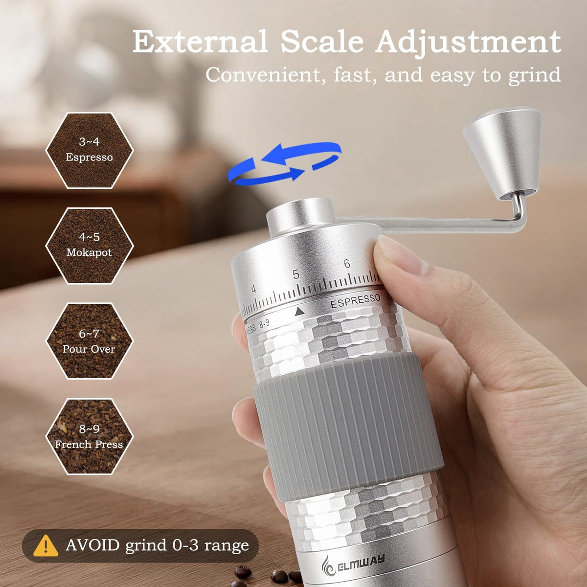 Manual Coffee Grinder, Hand Coffee Grinder, Capacity 25g with Seven star titanium plated 440 Stainless Steel Conical Burr Portable Coffee Grinders for Home Use, Office, Travel（AVOID grind 0-3 range）