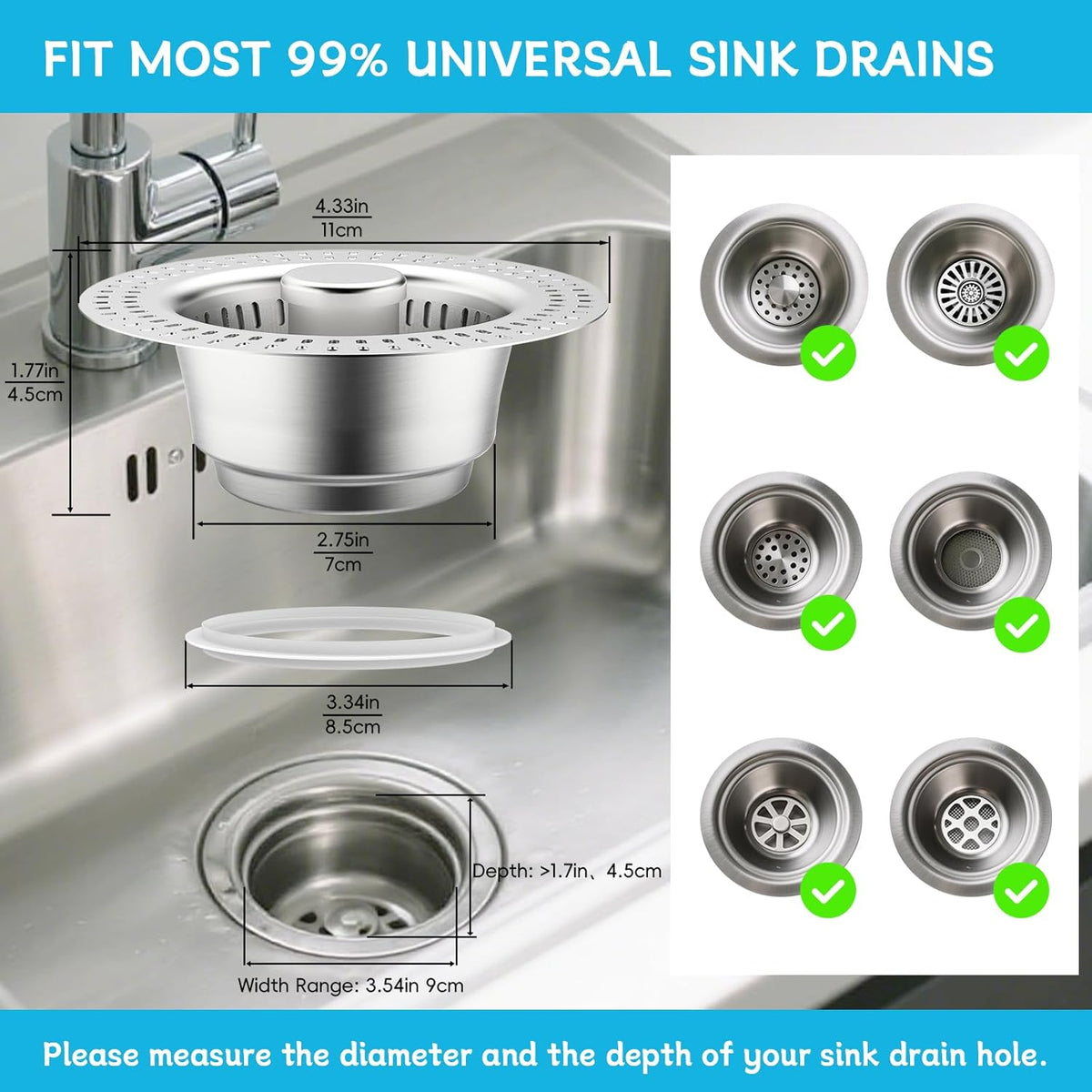3 in 1 Kitchen Sink Drain Strainer, Upgraded Pop Up Kitchen Sink Stopper with Enlarged 304 Stainless Steel Anti-Clogging Food Catcher Basket Strainer, Fit US Standard 3-1/2'' Kitchen Sink Drain Hole