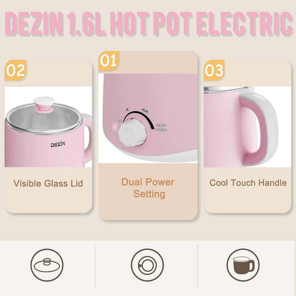 Dezin Hot Pot Electric, Rapid Noodles Cooker, Stainless Steel Electric Pot 1.6 Liter, Perfect for Ramen, Egg, Pasta, Dumpling, Soup, Porridge, Oatmeal with Temperature Control and Keep Warm Function