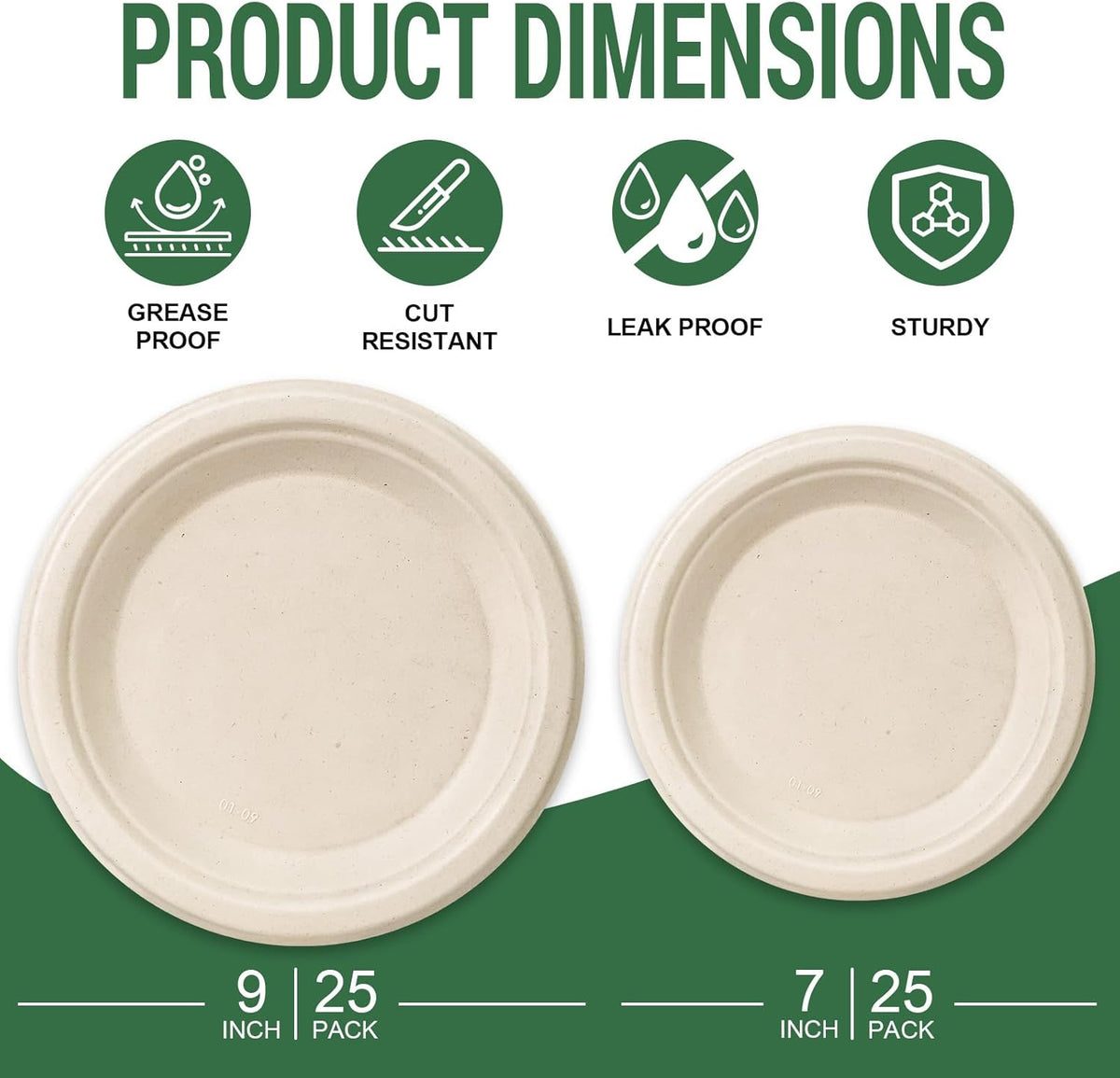 50 Compostable Paper Plates, Includes 25-9" & 25-7" Heavy Duty Disposable Plates, Biodegradable Sugarcane Bagasse, Nature