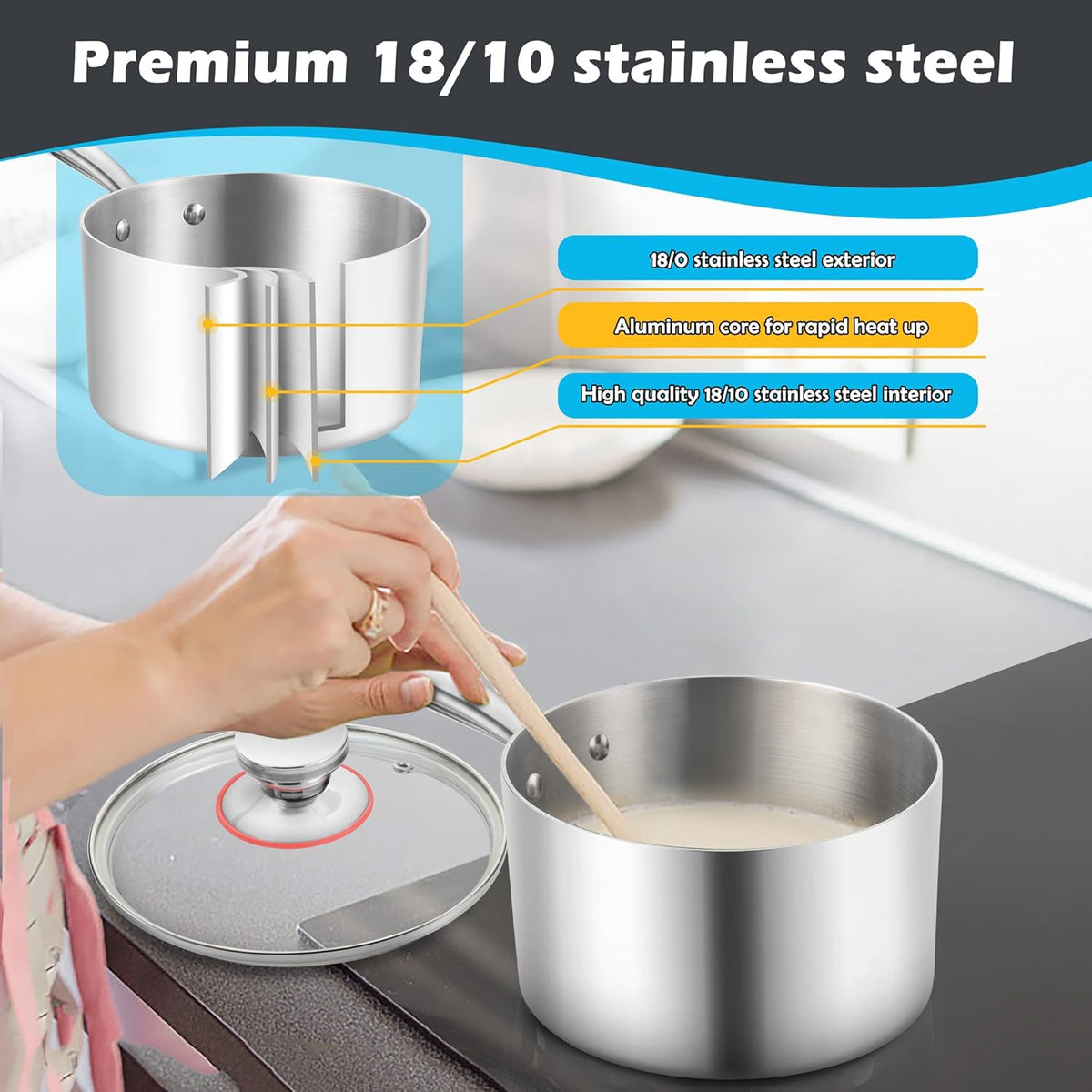 E-far 2-Quart Saucepan, Tri-Ply Stainless Steel Sauce Pan with Glass Lid, Small Cooking Induction Pot Compatible with All Cooktops, Non Toxic, Oven & Dishwasher Safe