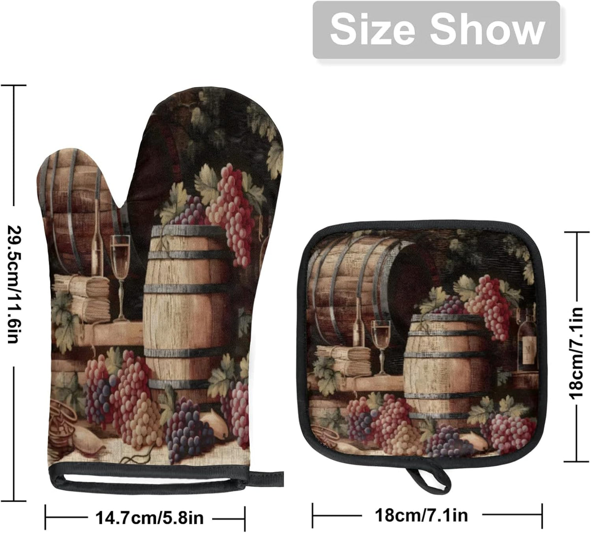 Vintage Wine and Ripe Grapes Oven Mitts and Pot Holders Sets, 2 Pcs Decorative Kitchen Oven Glove for Cooking
