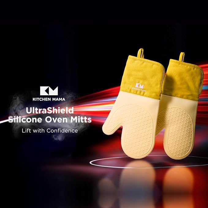 Kitchen Mama UltraShield Silicone Oven Mitts – Heat Resistant, Non-Slip Surface, Durable, Safe, Pot Holders, Flexible Waterproof Glove Set, Perfect for Cooking, Baking, Grilling, BBQ (Yellow)