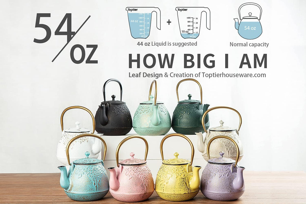 Toptier Tea Kettle for Stove Top, Cast Iron Teapot Stovetop Safe with Infusers for Loose Tea, 54 oz, Light Green