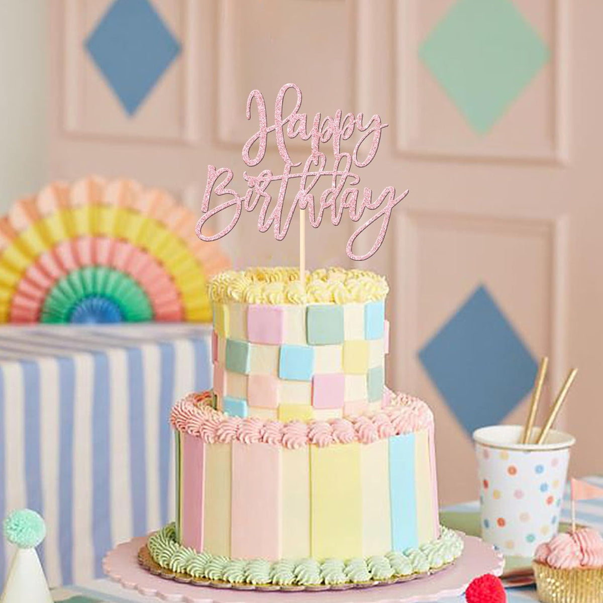 1 PCS Happy Birthday Cake Topper Glitter Cake Pick for Celebrating Anniversary Theme Party Cake Decorations Supplies Light Pink