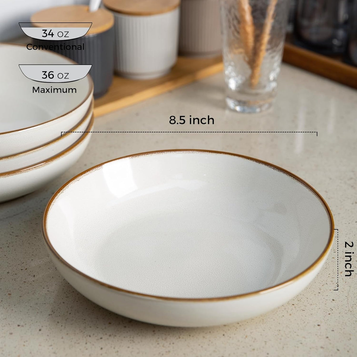 AmorArc 8.5'' Large Pasta Bowls, 36oz Ceramic Salad Serving Bowls Set of 6 for Kitchen, Wide Stoneware Bowls for Pasta,Salad,Fruit,Bread, Microwave Safe, Reactive-Pearl White