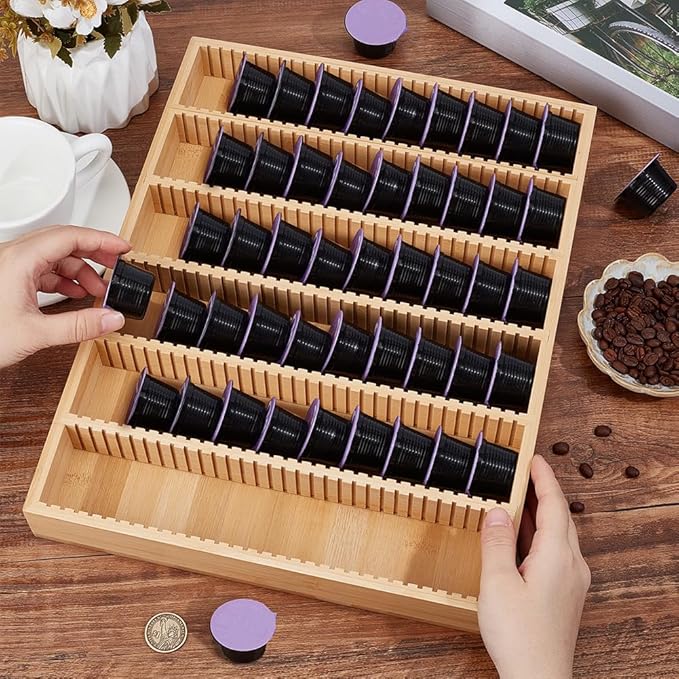 CUTHOLLOW Bamboo Coffee Pod Drawer Organizer for Coffee Pod Storage(About 60 Pods), Campatible with Coffee Pods for Kitchen, Office, Coffee Station
