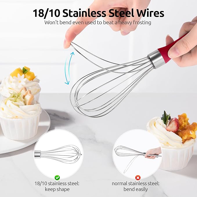 U-Taste 9" Small Egg Whisk: 18/10 Stainless Steel Kitchen Cooking Wire Balloon Wisk, Heavy Duty Metal Beater Stirrer, Manual Baking Tool with 6 Flex Wires for Hand Mixing, Blending Sauce (Red)