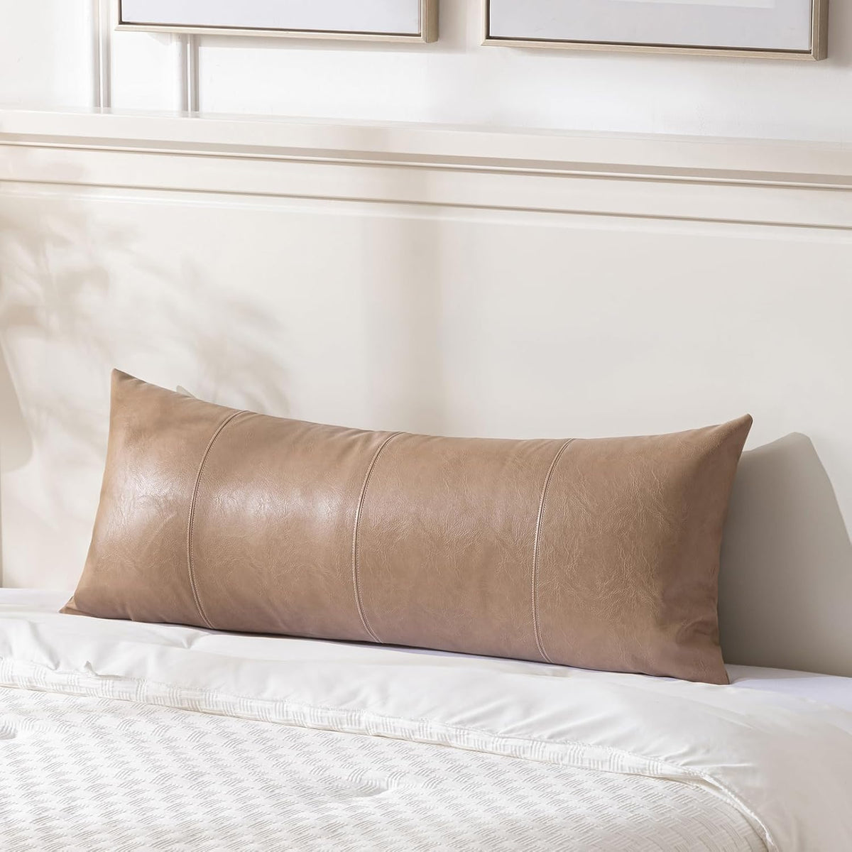 Fancy Homi Tan Long Lumbar Waterproof Faux Leather Body Decorative Throw Pillow Cover 14x36 Inch for Bedroom Couch Bed Bench, Beige Hand Stitched Cushion Case, Taupe Modern Farmhouse Room Decor