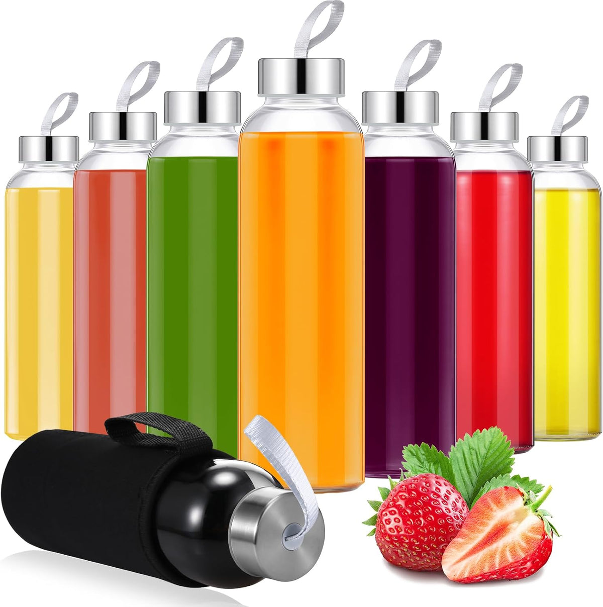 Vesici 12 Set 18 oz Clear Glass Water Bottles, Reusable Glass Juicing Bottles with Protection Sleeve and Stainless Steel Leak Proof Lids for Milk Smoothie Juice Beverage Tea (Black,Stylish)