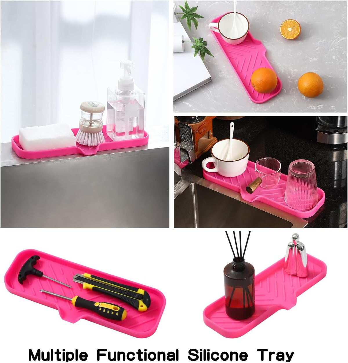 Silicone Bathroom Soap Dishes with Drain Spout-Bathroom and Kitchen Sink Organizer,Sponge Holder,Dish Soap Tray,Perfect for Dispenser,Scrubber,Bottle,Cup on Sink or Counter-Rose 12"×4"