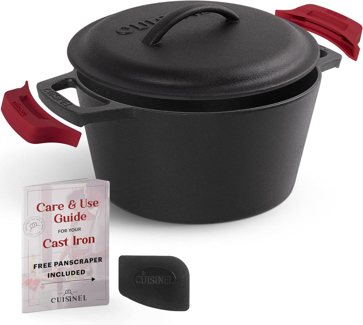 Cuisinel Cast Iron Dutch Oven - 3-Quart Deep Pot + Lid + Pan Scraper + Handle Covers - Large Pre-Seasoned Cooker for Baking Bread, Soup, Frying - Indoor/Outdoor Kitchen, Camping, Fire, BBQ Cookware