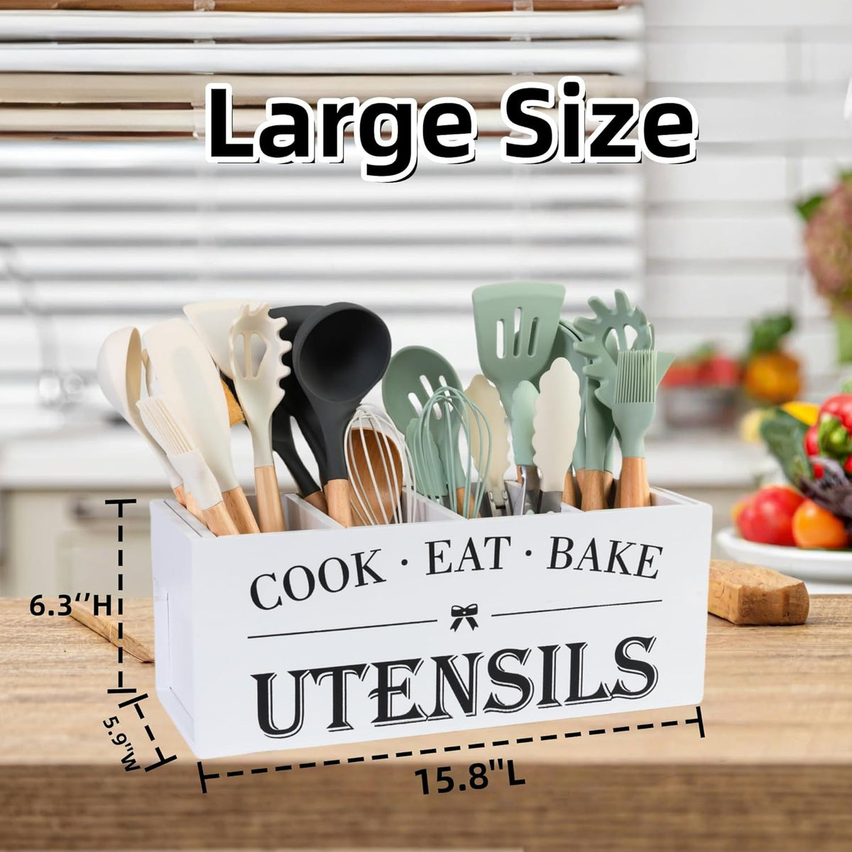 Utensil Holder,Extra Large Wooden Utensil Holder For Kitchen Counter,Cooking Spatula Organizer,Big Storage Caddy With 4 Compartments Flatware Spoon Tool Cutlery（White）