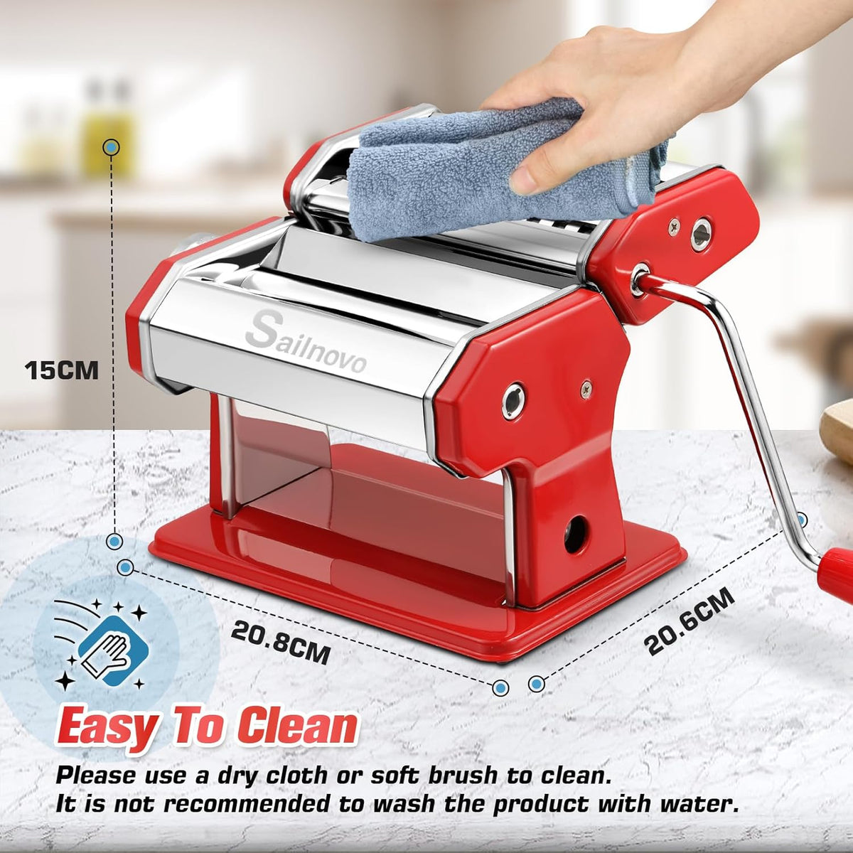 Sailnovo Pasta Maker Machine, 180 Roller Pasta Maker, 9 Adjustable Thickness Settings 2-in-1 Noodles Maker with Rollers and Cutter, Perfect for Spaghetti, Fettuccini, Lasagna or Dumpling Skin Red