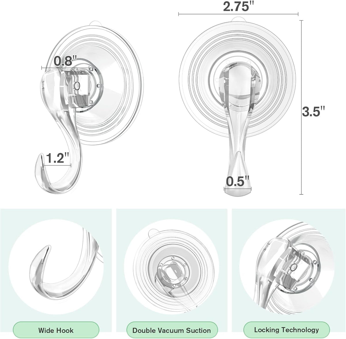VIS'V Large Suction Cup Hooks with Wipes, Heavy Duty, Removable and Reusable, Clear, 5 Pcs