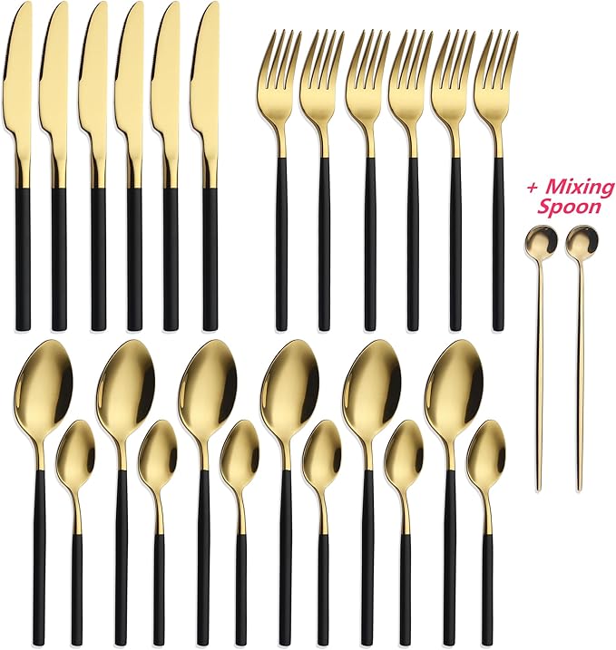 24 Piece Silverware Set For 6 Gold & Matte Black Handle Heavy duty 18/10 Stainless Steel Flatware Set Modern Design Knife/Fork/Spoon Mirror Polished Dishwasher Safe Cutlery Set with Gifts