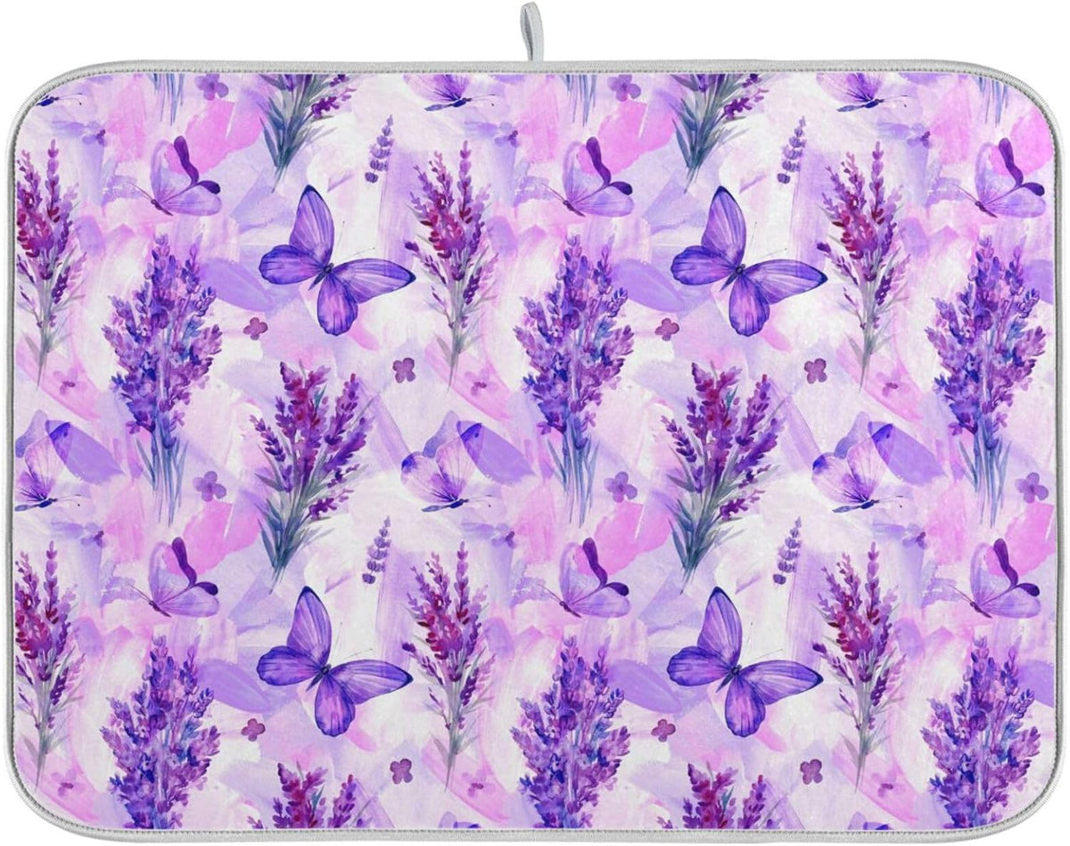 Purple Lavender Butterfly Dish Drying Mat for Kitchen Counter Absorbent Microfiber Drying Pad, Large 18x24 in, Reversible Drainer Mats