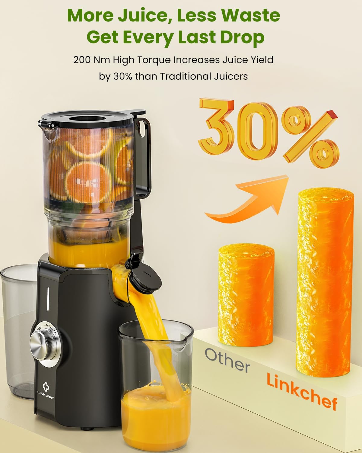 LINKChef Cold Press Juicer Machines for Vegetables and Fruits, 4.35" Wide Chute Masticating Juicer with Pulp Separator, Easy to Clean, BPA-Free, Compact Electric Slow Juice Extractor for Whole Fruit