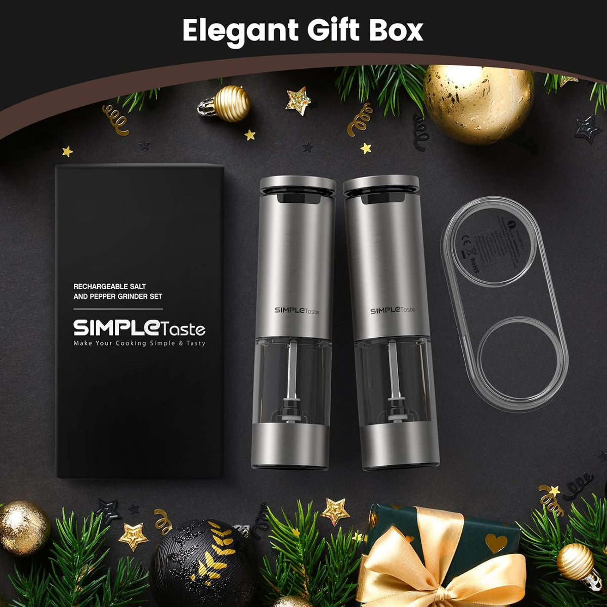 SIMPLETASTE Electric Salt and Pepper Grinder Set Rechargeable with LED Light, Stainless Steel, 70g Capacity for Kitchen, Dining Room, Bar
