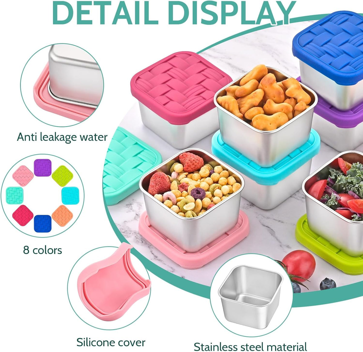 8PC 6oz Stainless Steel Snack Containers with lids, BPA-Free Metal Kids Snack Cups with Fork and Spoon, Leakproof Lunch Box Containers，Resuable Baby Food Storage Bowl