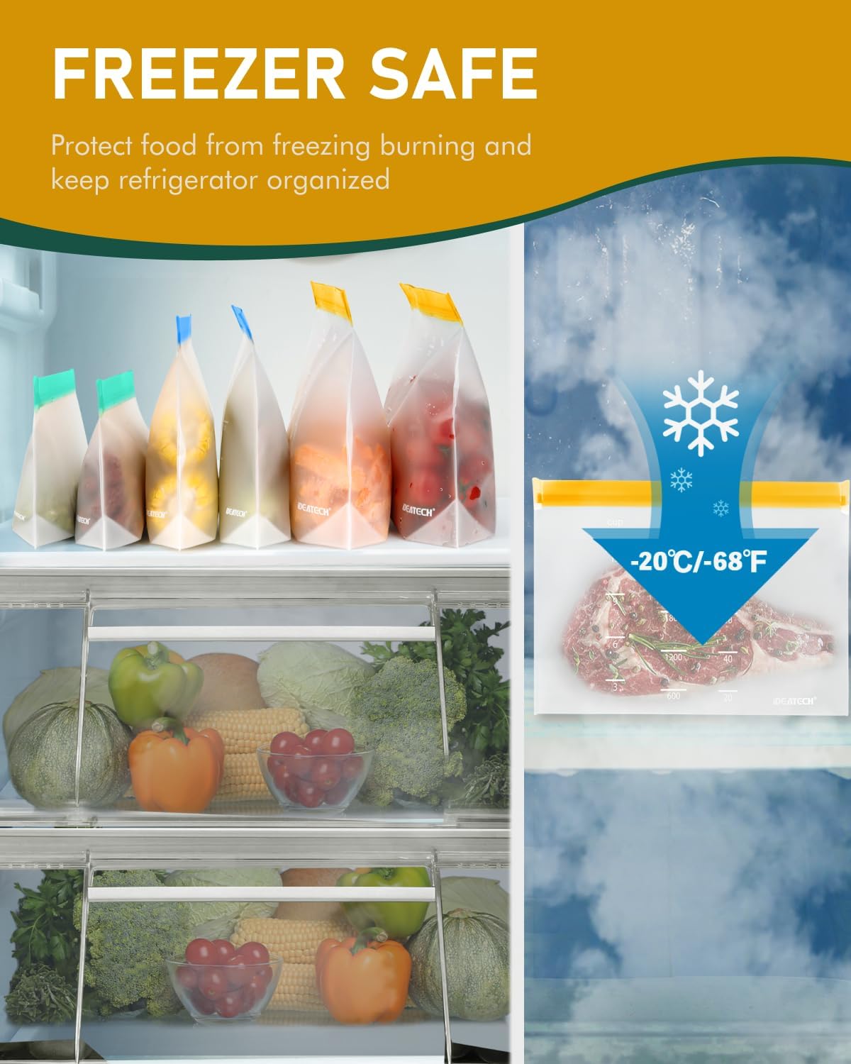 IDEATECH Gallon Freezer Bags Stand Up, Dishwasher Safe & Leakproof Reusable Gallon Bags, Extra Large & BPA Plastic Free Reusable Food Storage Bags for Meats, Veggies(6 Pack)