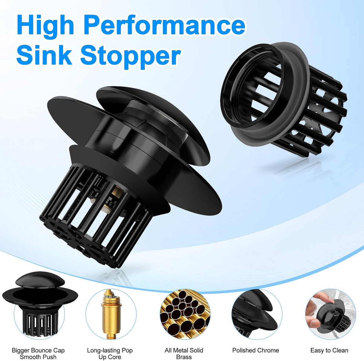 Universal 4 in 1 Bathroom Sink Drain Strainer with Removable Filter Basket, Pop Up Pure Copper Bathroom Sink Stopper, Anti-Clogging Bathroom Drain Stopper Sink Plug Black