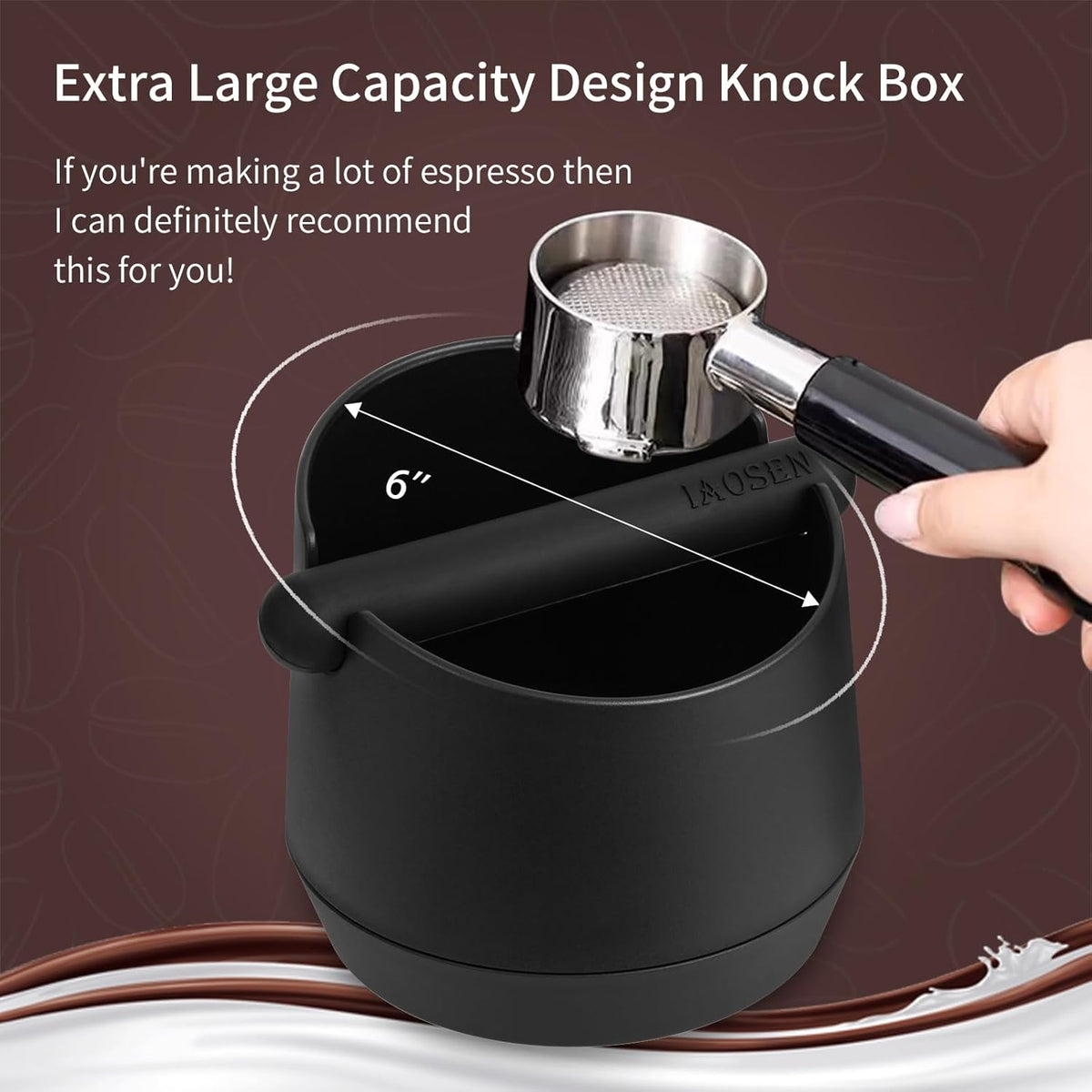 Knock Box 6 Inch Extra Large Capacity Design Espresso Knock Box Shock-absorbent Knock Box Espresso with Removable Knock Bar and Non-Slip Base Espresso Accessories for Home/Office