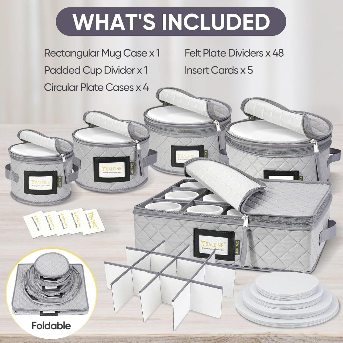 BALEINE China Storage Containers, Sturdy Quilted Wine Glass Storage, Plate Organizer with Carry Handles, Moving Boxes for Dishes, Cups, Mugs and Stemware (Plate Mug Combo, Soft Shell Grey)