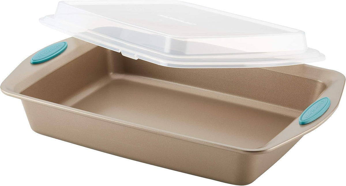 Rachael Ray Cucina Nonstick Baking Pan / Cake Pan With Lid and Grips, Rectangle - 9 Inch x 13 Inch, Brown