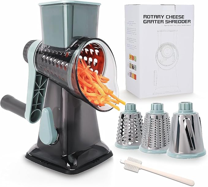 Rotary Cheese Grater Multi-Purpose Stainless Steel Shredder- Cheese Grater With handle Effortless Grating of Vegetables, Nuts and Fruits,with Suction Base and Cleaning Brush (blue)