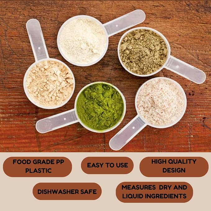 Plastic Measuring Scoop, (32 cc | 32 mL) Long Handle Spoons for Powders, Granules, Coffee, Pet Food, Baking Supplies, Protein and Other Dry Goods, BPA Free (Set of 5)
