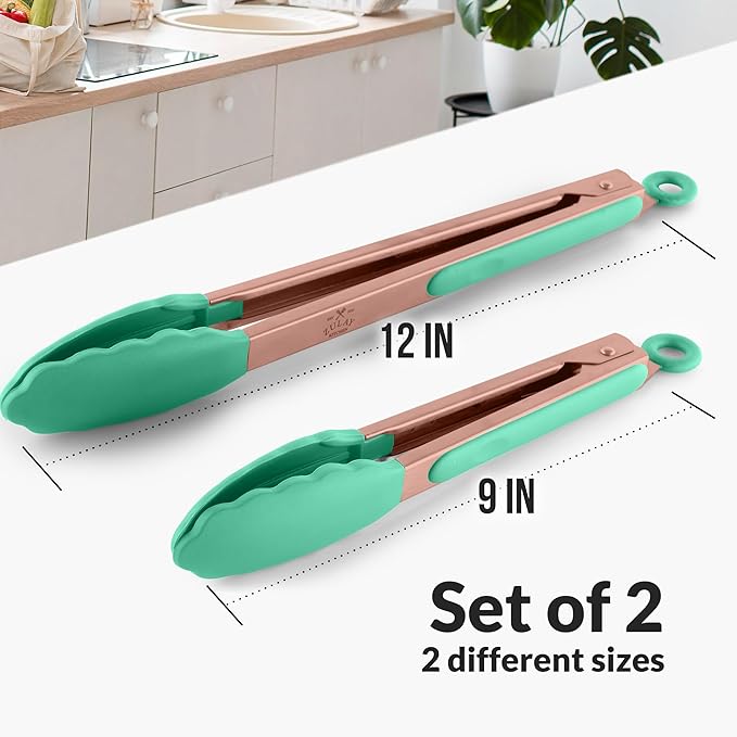Zulay Stainless Steel Kitchen Tongs with Silicone Tips - Set of 2 (9” & 12”) Locking Cooking Tongs with Non-Slip Grip - Heat Resistant, BBQ Food Tongs for Non-Stick Cooking Pans (Rose Gold/Mint)