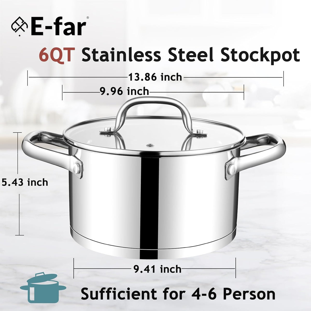 E-far 6 Quart Stock Pot with Lid, Stainless Steel Stockpot for Cooking Simmering Soup Pasta Sauce, with Tri-Ply Bottom & Visible Cover, Induction/Gas/Dishwasher Safe, Heavy Duty & Non Toxic
