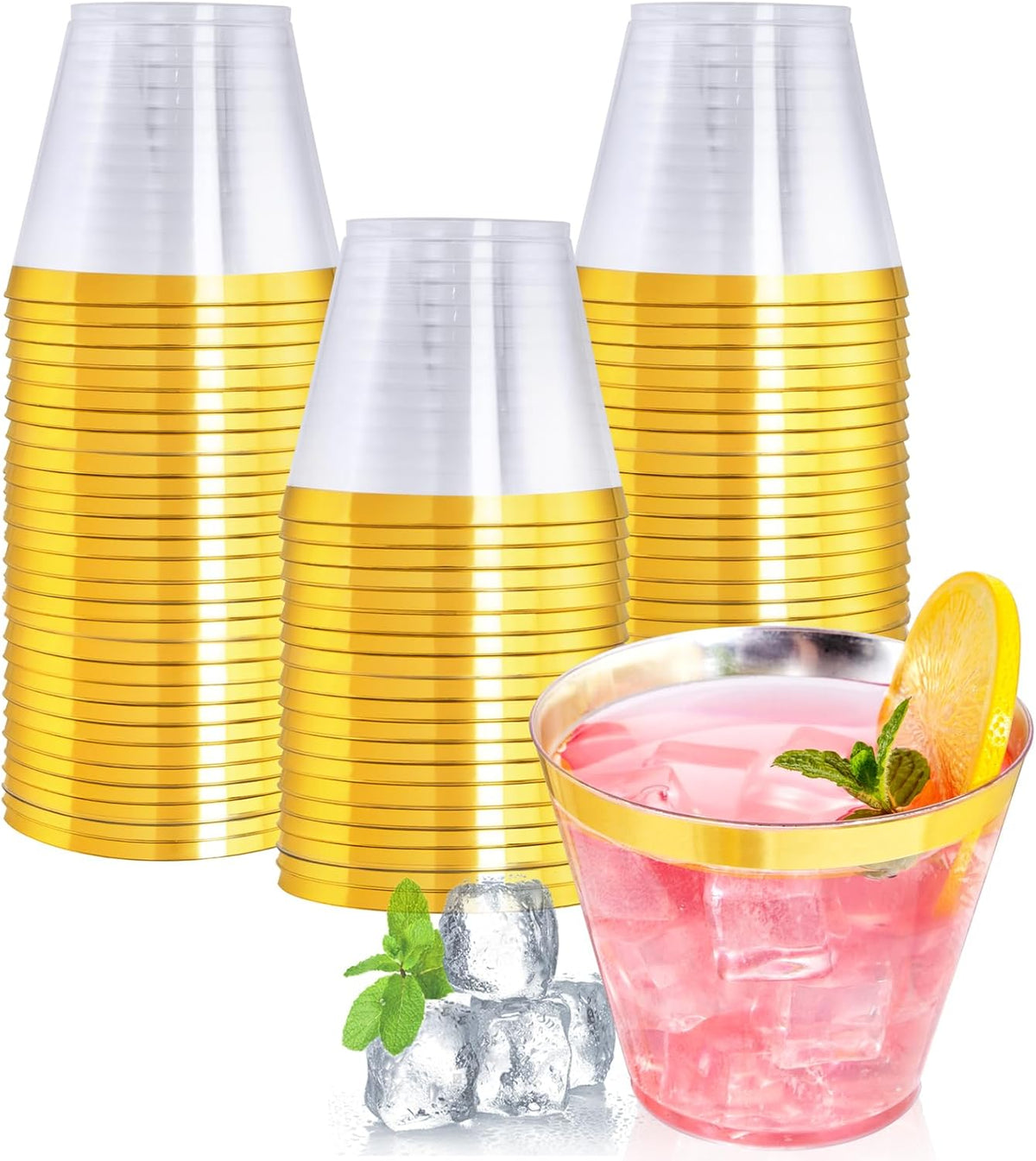 I00000 60PCS Gold Plastic Cups, 9 oz Clear Disposable Cups with Golden Trim, Heavy-Duty Disposable Hard Plastic Wine Glasses Cocktail Glasses Perfect for Party & Wedding