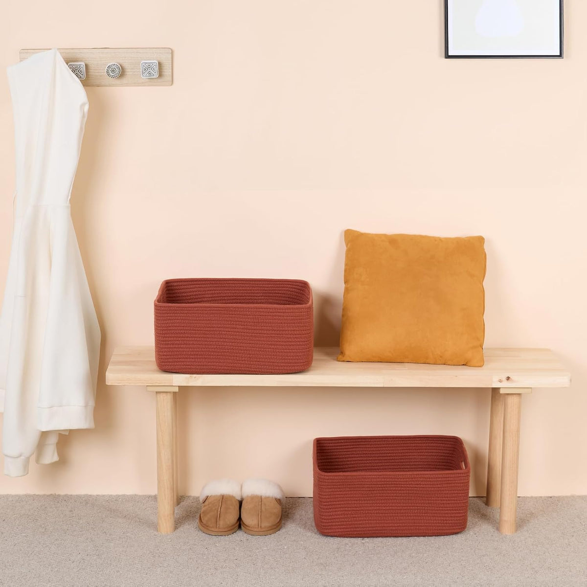 Large Storage Baskets for Shelves, Closet Organizers Bins for Clothes Blanket Towels, Baby Nursery, Toy Baskets Box, Woven Rope Baskets, 17 x 13 x 7.5”, 3 Packs Oxide Red