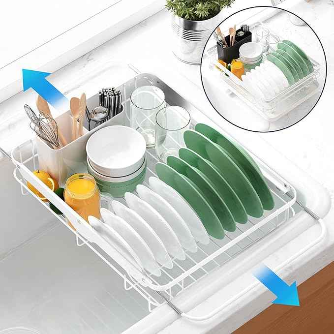 Kitsure Dish Drying Rack for Kitchen Counter, Stainless Steel Sink Organization and Storage Essentials with Cutlery Holder, Home and Appartment Decor, 12.2''W x 15.7''~23''L, White