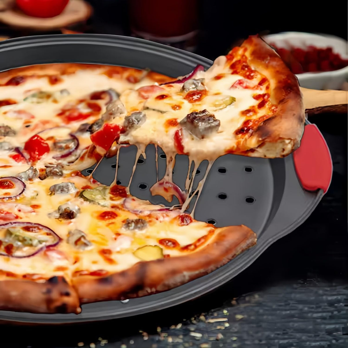 13 Inch Pizza Pan for Oven (2 Pack) Round Pizza Pan with Holes - Non-Stick Carbon Steel Pizza Tray with Silicone Handles - for Cooking, Baking, and Grilling - Dishwasher Safe