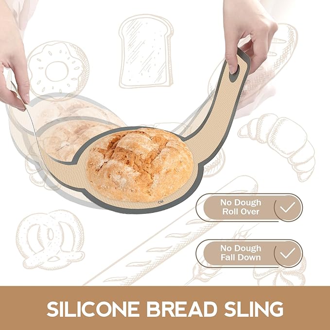 Silicone Bread Sling for Dutch Oven, Non-Stick & Easy to Clean Bread Baking Mat Set, 2 Pcs Reusable Bread Sling with Long Handle to Transfer Sourdough (Gray, Oval and Round)